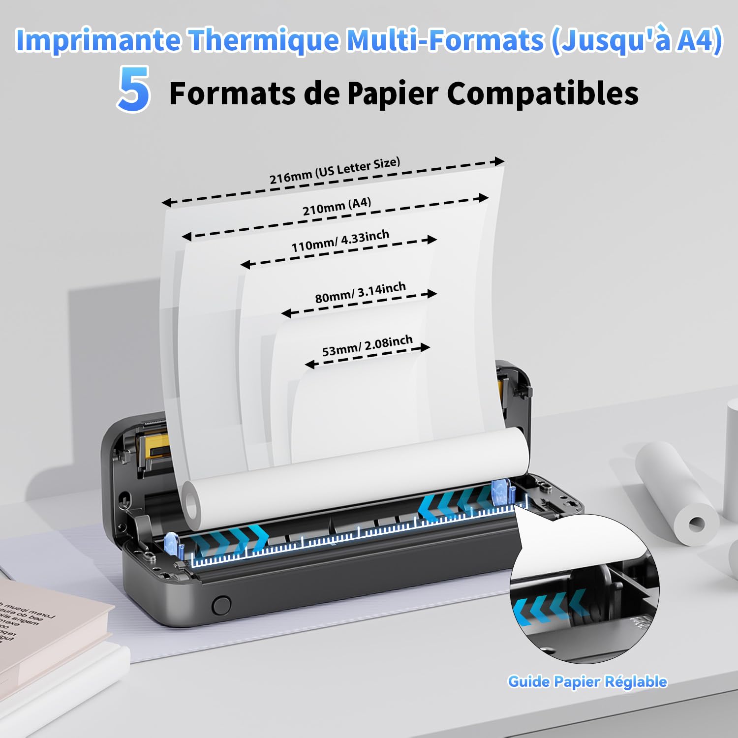 Phomemo M833 Imprimante Thermique A4 300 DPI sans Encre, Batterie 2600mAh, Compatible PC Android iOS Noir