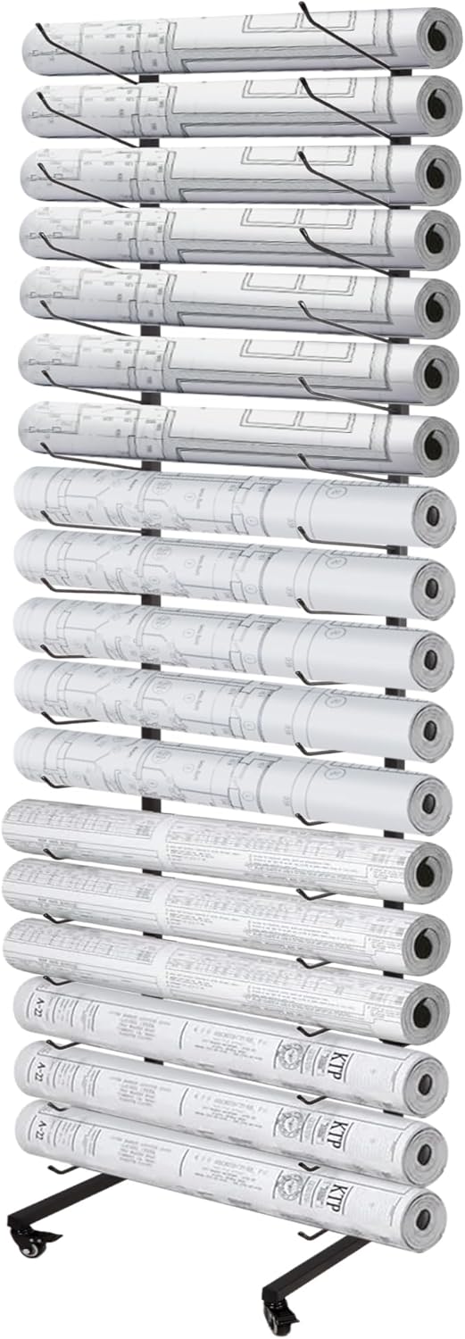 18-Tier Blueprint Storage Rack, Heavy-Duty Metal Wall Mount Plan Holderk, 15.25" D X 18.25" W X 98.75" H