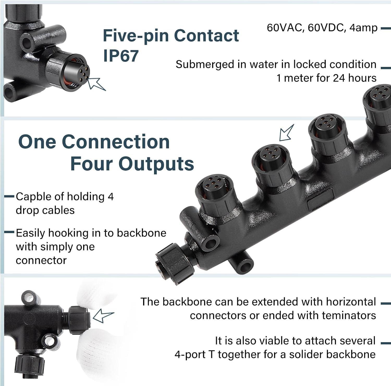 NMEA 2000 N2K Connecteur multiport en T à 4 ports 5 broches IP67 étanche pour réseau Backbone Compatible avec Garmin Lowrance Simrad B&G Navico pour écrans capteurs composants