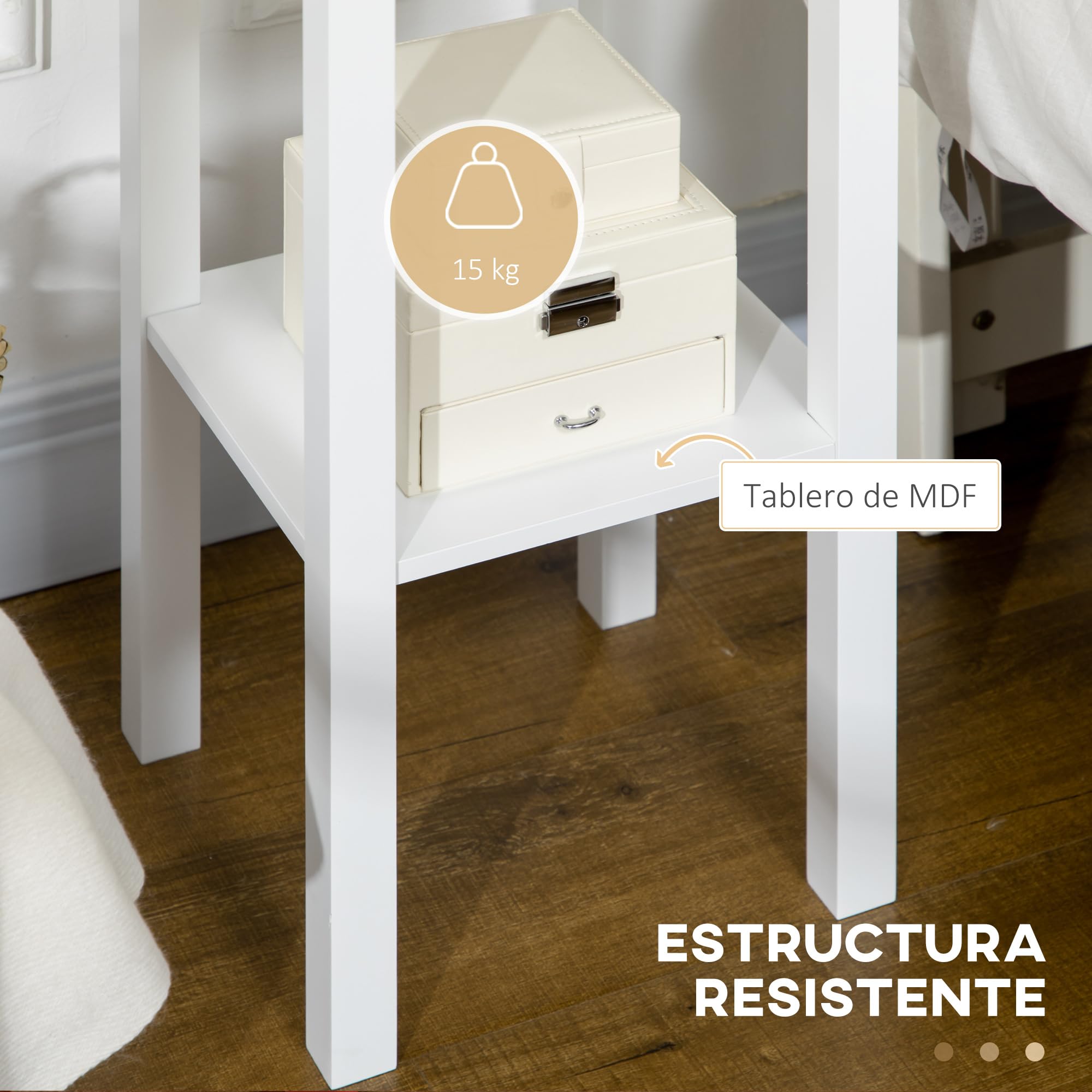 HOMCOM Conjunto de 2 Mesas Auxiliares Mesitas de Noche con Cajón y Estante de Almacenamiento Estilo Moderno para Salón Dormitorio 30x30x75 cm Blanco