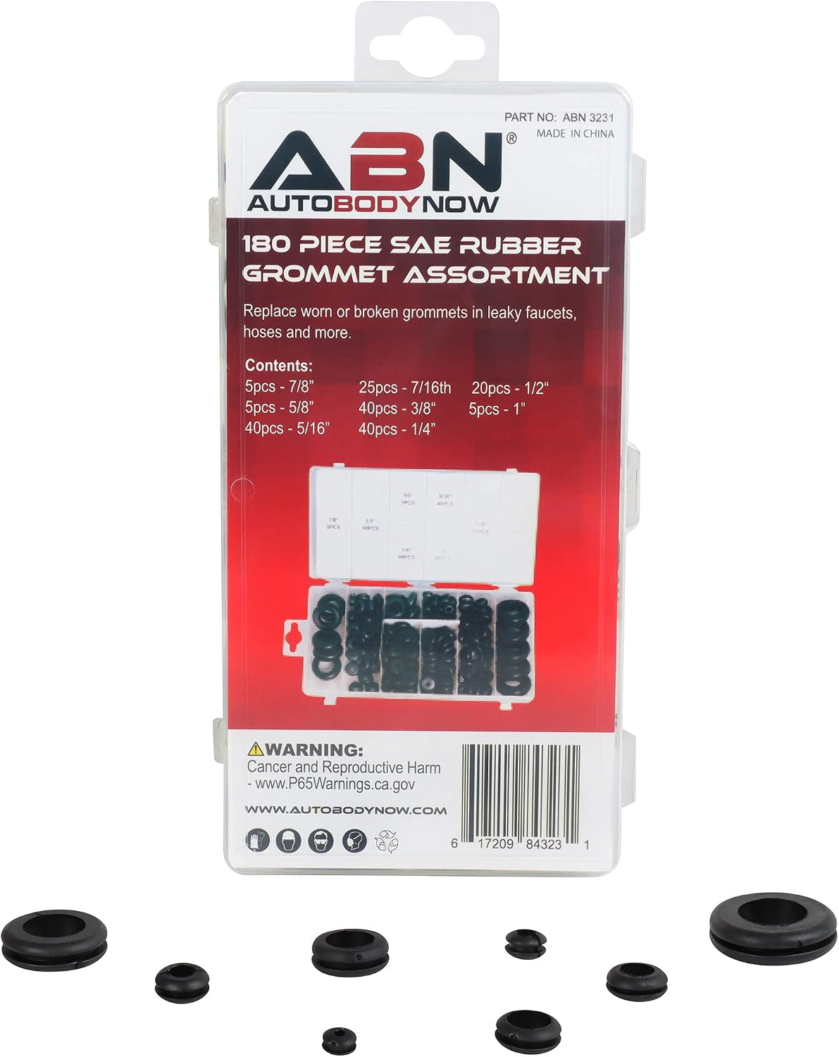 ABN Rubber Grommet Assortment Kit - 180 Piece Firewall Grommet Eyelet Ring Assortment for Automotive, Marine, Camper, and RV Wiring