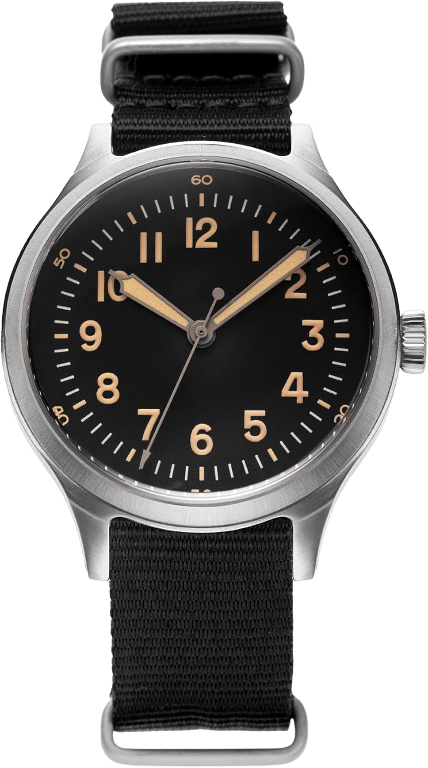 PRAESIDUS A-2 Origin Field Military Watch for Men – 40mm Stainless Steel Case, Black Fabric or Classic Leather Strap, Military Watch, Swiss Quartz Movement, Luminova Dial, Water Resistant 5ATM, Assembled in USA
