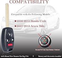 Vista 2 de MechanMagic Llavero de repuesto para Honda Civic EX Si Hybrid 2006 2007 2008 2009 2010 2011 2012 2013 Acura Mdx 2007-2013 N5F-S0084A Control remoto