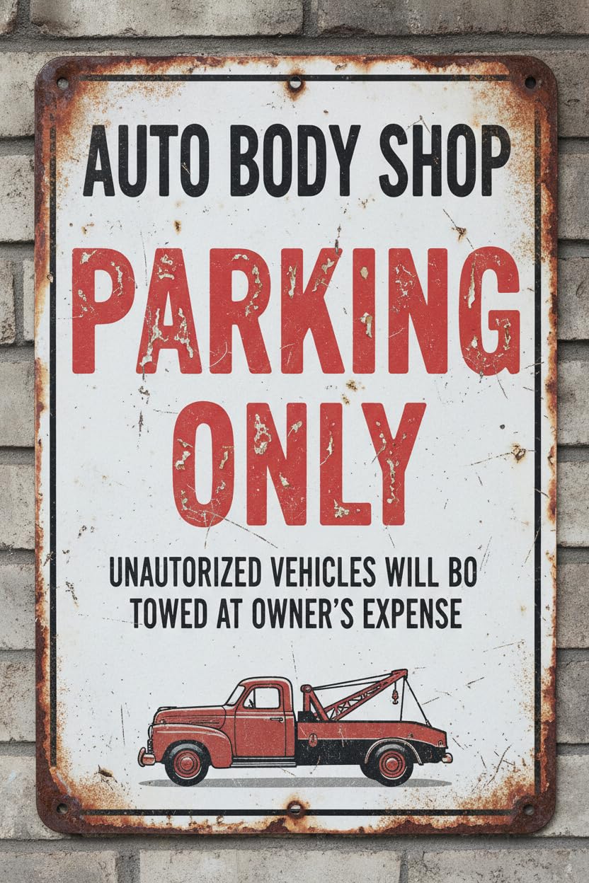 Wall Decor Auto Body Shop Parking Only Sign. 8x12Inch Metal. Vintage Signs Aluminum Plates Printed