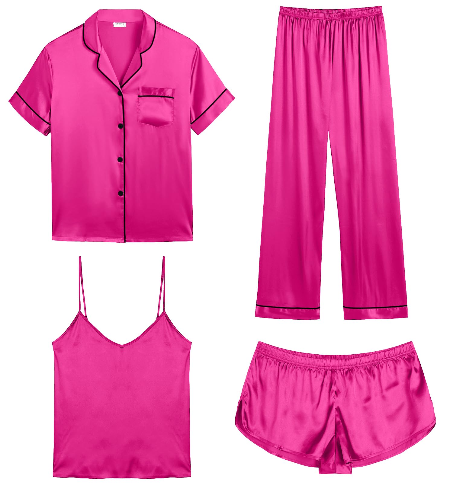 SWOMOG Womens Silk Satin Pajamas Sets 4pcs Sleepwear Sexy Cami Shorts Set and Button Down Short Sleeve Pjs Loungewear