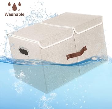 TYEERS Extra Large Storage Box with Lids and Compartments, Collapsible, Washable, Fabric Box with Lid for Clothes, Wardrobe Storage, 55x33x30 cm, Set of 1, Beige