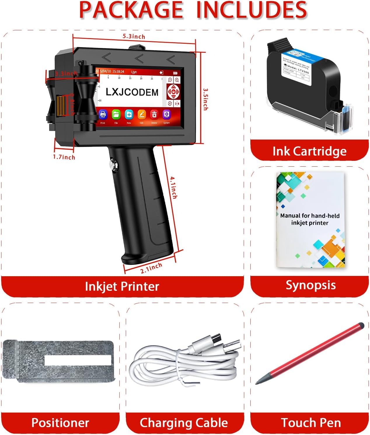 EM005s Handheld Inkjet Printer - Portable Handheld Printer with LT2300 Quick-Dry Ink Cartridge, 4.3in Touchscreen, Inkjet Coding Machine for Text Date QR Codes Number Symbols Logo