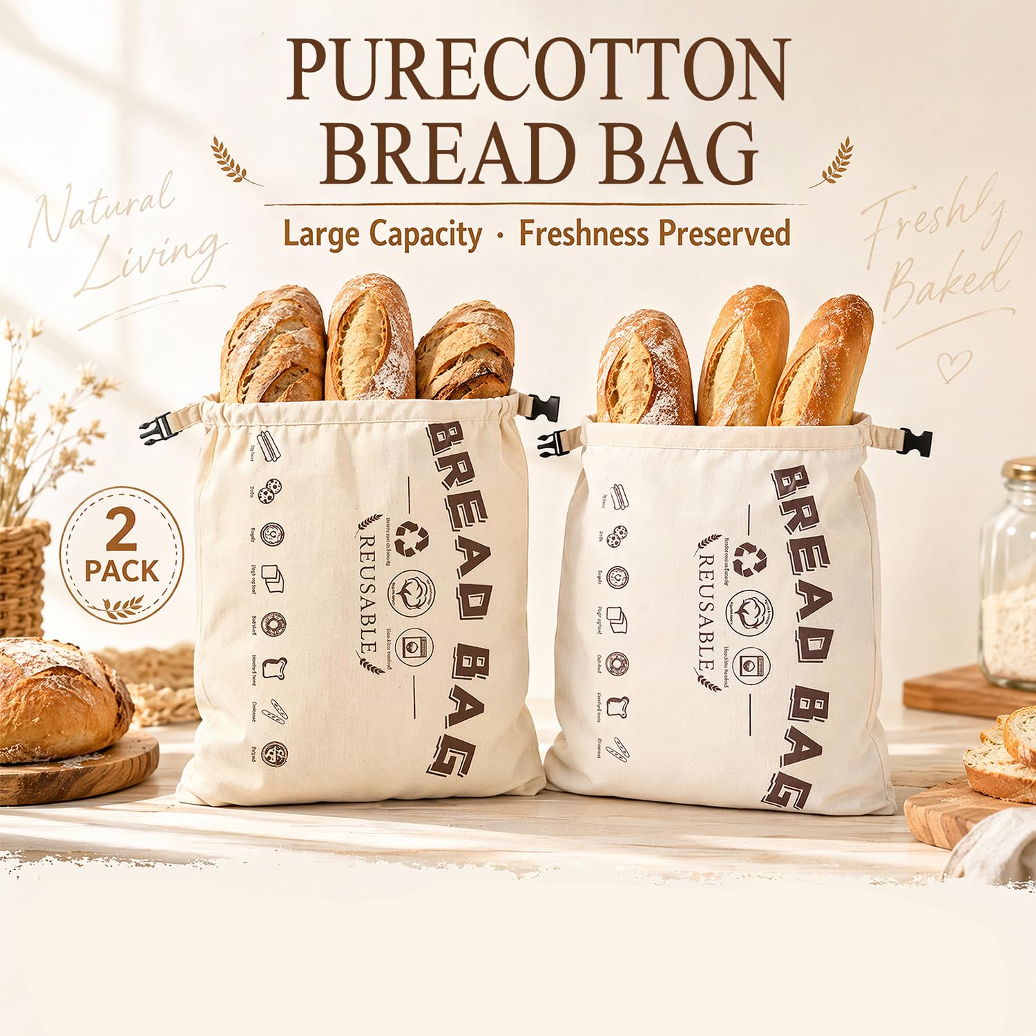 2 Stück Bienenwachs Brotbeutel 42x33 cm, Aus Bio-Baumwolle & natürlichem Bienenwachs, Wiederverwendbarer Brotsack zum Frischhalten für Sauerteig & selbstgebackenes Brot