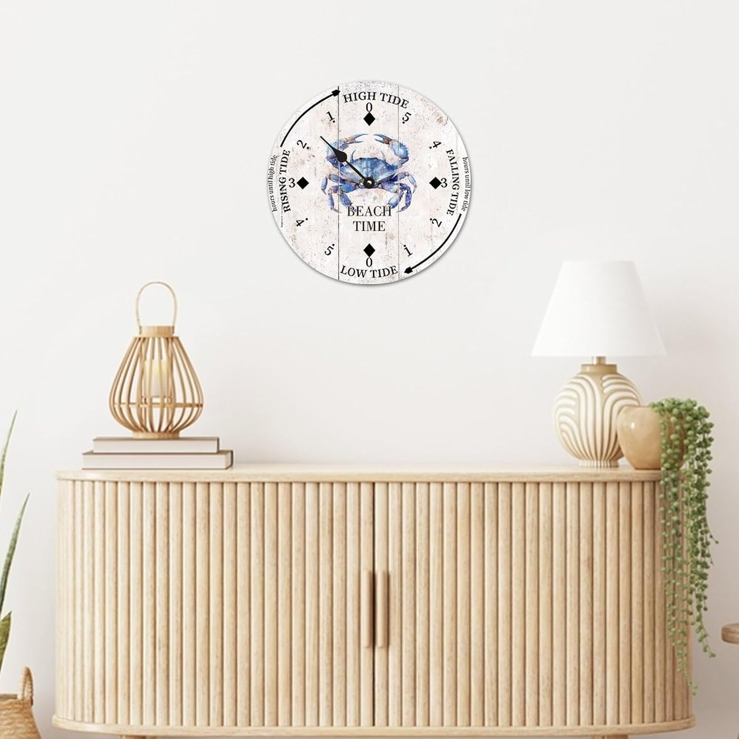 Vintage Beach Time Tide Clock Beach Time Ocean Crab Ocean Time Wooden Clock Wood Tidal Clock High and Low Tide Movement Clock for Beach Seaside House Cottage Hotel Camping 12 Inch