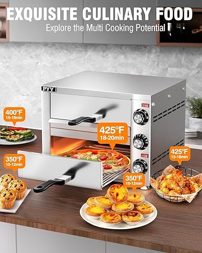Miniatura 2 de PYY Horno de pizza de 12 pulgadas, horno eléctrico de pizza para interiores, de acero inoxidable, comercial, 2 capas, con temporizador