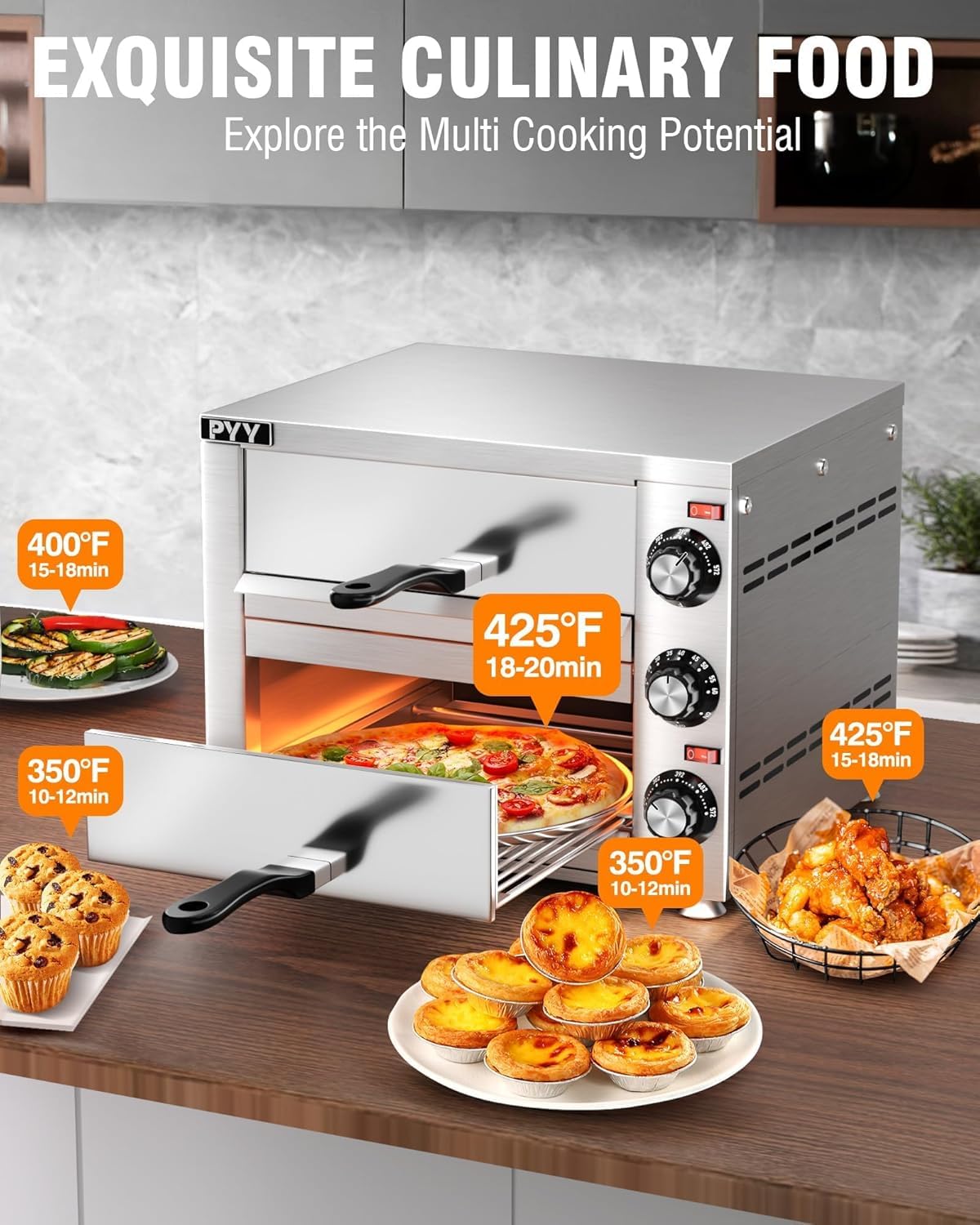 PYY Countertop Pizza Oven 12 Inch Electric Indoor Pizza Oven Commercial Stainless Steel 2-Layers Pizza Cooker with Timer for Home Restaurant (Silver)