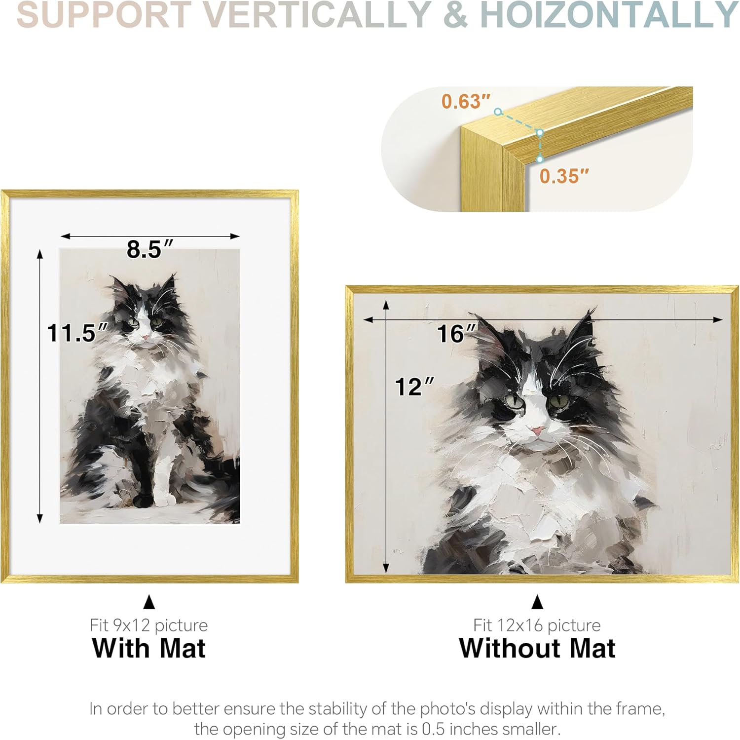 TONES FRAME DESIGN 12x16 Picture Frame, Gold Frame Aluminum Shiny Gold Brushed with 9x12 Mat, Metal Poster Frames for Art Gallery Wall Decor 12 x 16 Gold