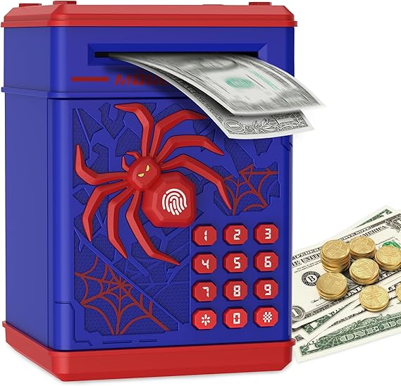 Spider Fingerprint Piggy Bank, ATM Piggy Bank for Kids Boys Girls, Kids Money Saving Box Money Safe (Blue)
