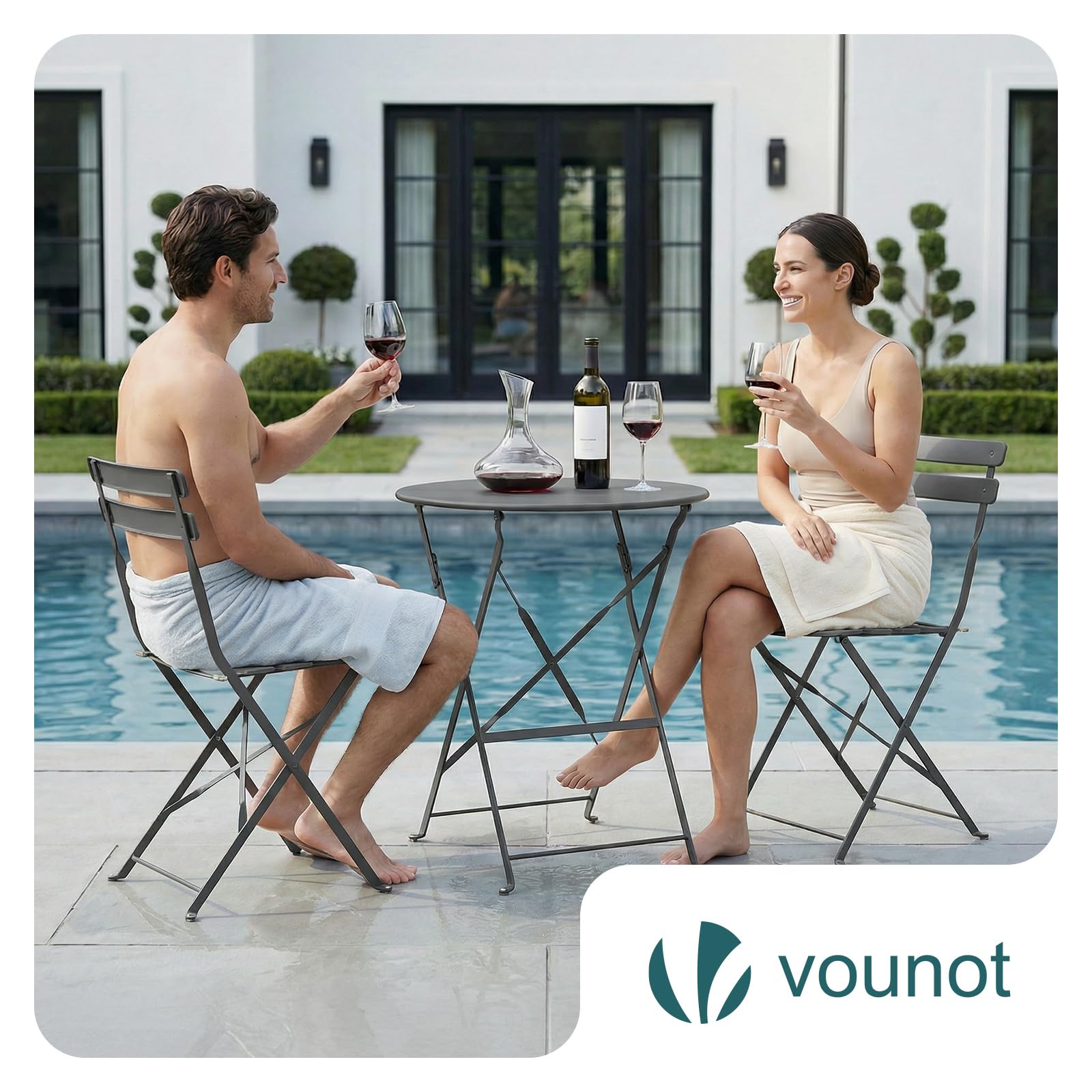 VOUNOT® Set Bistrot Pieghevole 3 Pezzi in Metallo, Set Tavolo e 2 Sedie da Giardino, Salvaspazio Resistente alle Intemperie e ai Raggi UV per Balcone, Patio, Terrazza e Esterno, Grigio