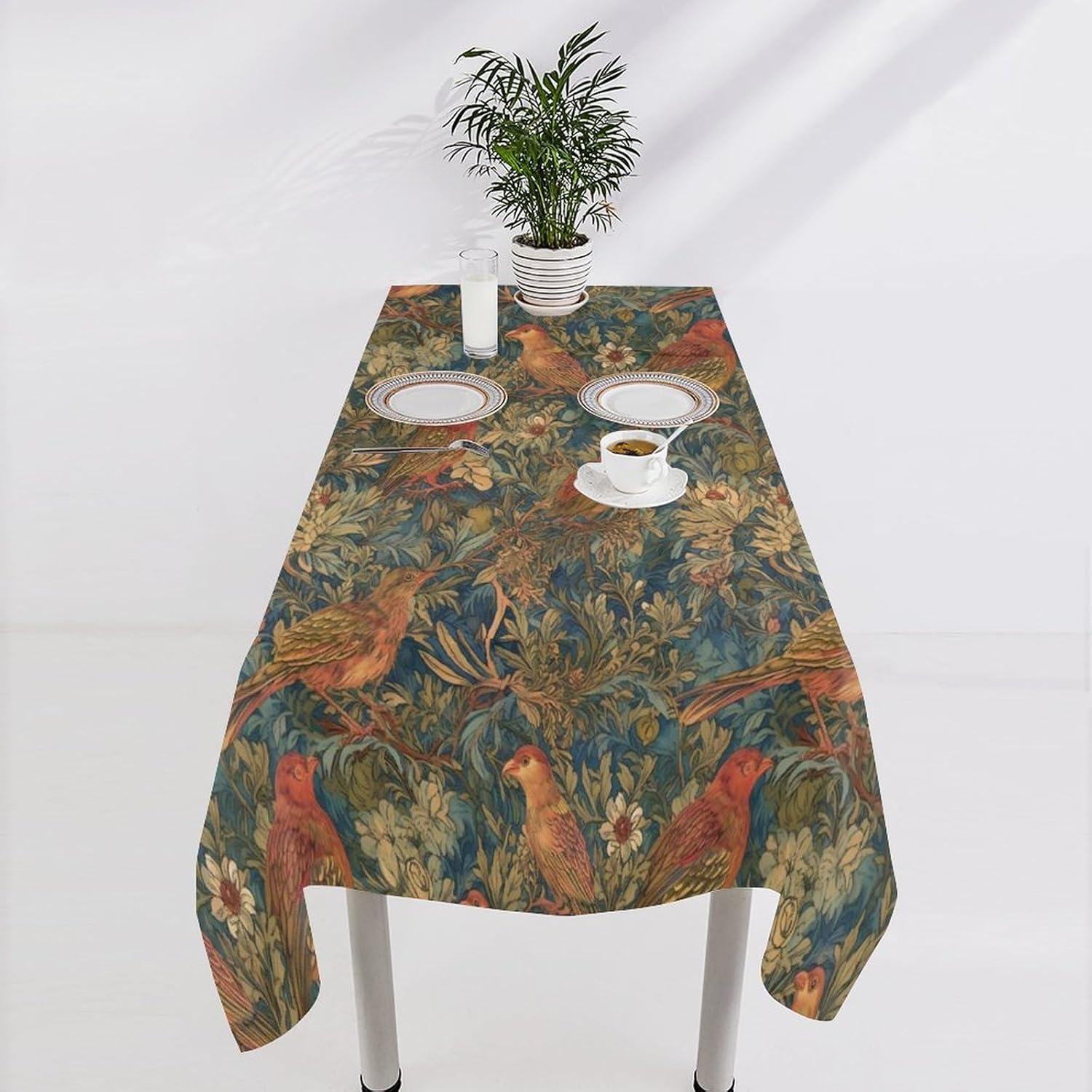 William Morris Tablecloth,Vintage Rustic Classic Green Nature Plant Leaf Floral Bird Table Cloth Cover for Kitchen Dining Cafe Camping Outdoor Indoor Party Restaurant Picnic Decor 90x60in