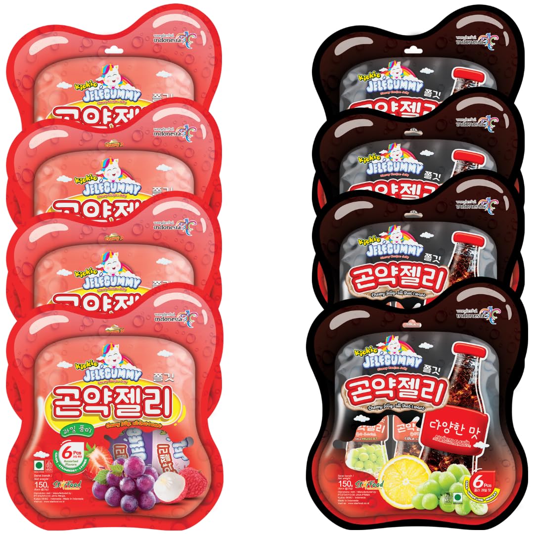 Esnext KioKio Jelegummy Chewy Konjac Jelly | Cola Jelly I Assorted Flavours (Grapes, Cola, Lemon Lime) & (Strawberry, Lychee, Grape) - (150g x 8)