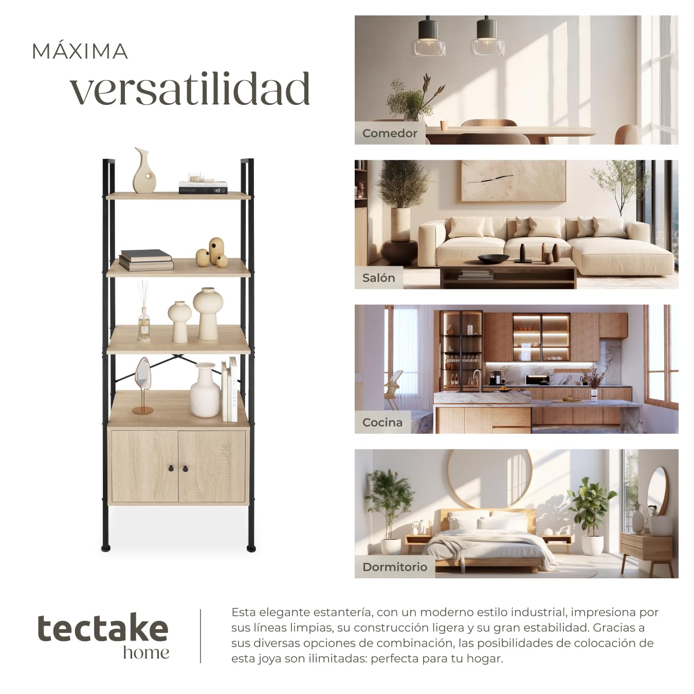 tectake® Estanteria Pared, Estanteria Libros, Mueble Auxiliar Baño con 5 Baldas, Estantería Madera para Oficina y Recibidor - 57,5 x 34 x 173 cm Madera Industrial Clara, Roble Sonoma