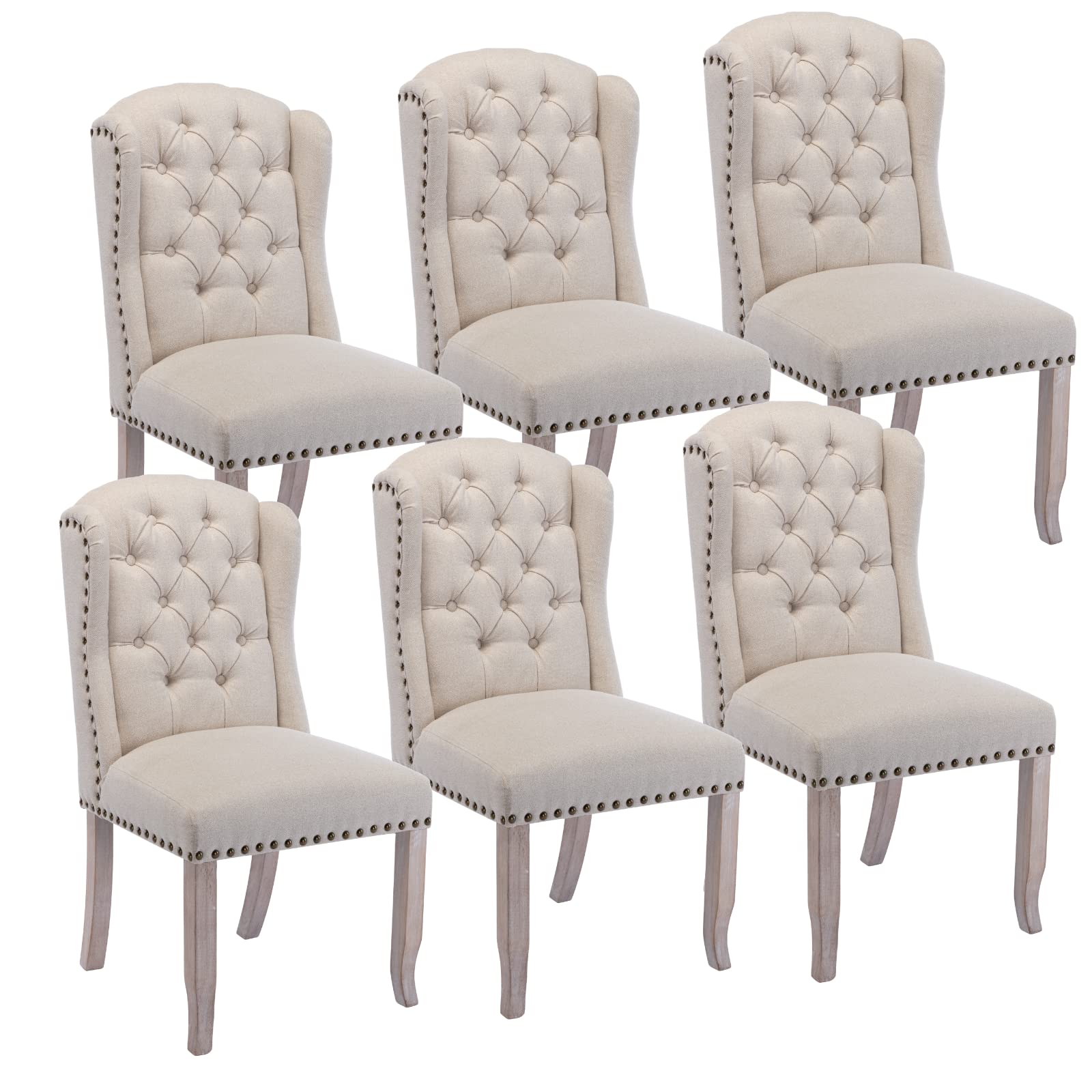 LukeAlonClassic Linen Dining Chairs Set of 6, Upholstered Button Tufted Dining Room Side Chairs with Solid Wood Legs Elegant High Back Dinner Chairs with Nailhead Trim for Home Kitchen, Beige