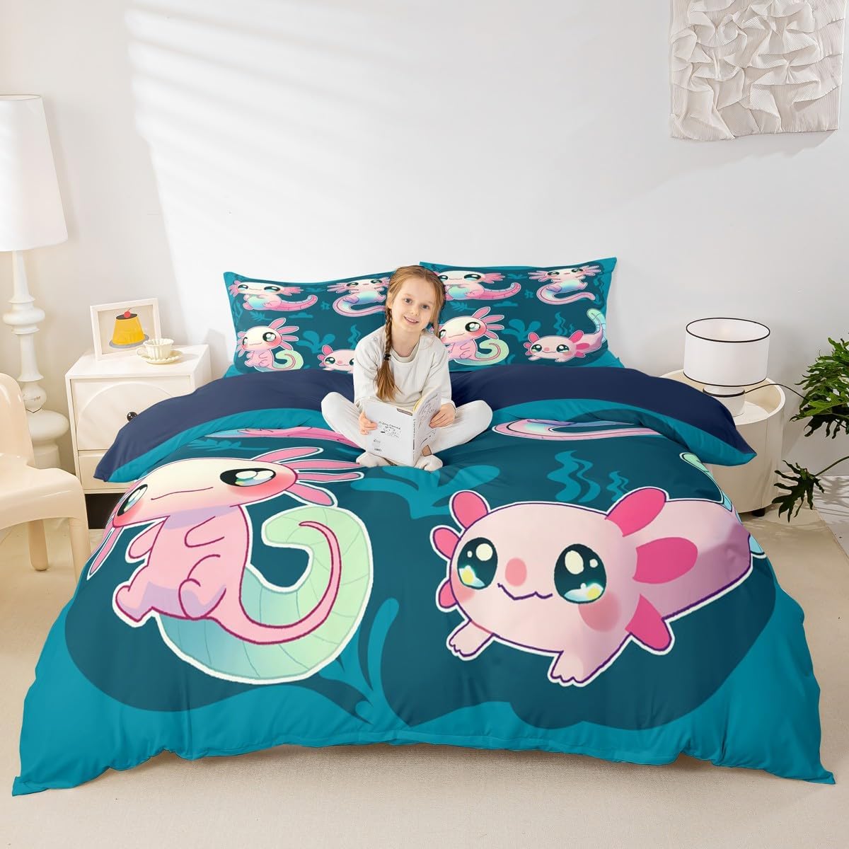 Cute Axolotl Bedding Set Twin Size for Kids Boys Bedroom,Cartoon Salamander Bed Duvet Cover Set,Kawaii Animals Comforter Cover Axolotl Decor 2 Pieces 1 Duvet Cover with 1 Pillowcase No Comforter