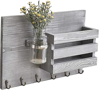 RongFeng Porte courrier mural en bois gris avec 6 crochets à clés, utilisation couloir, entrée, bureau, gris torché