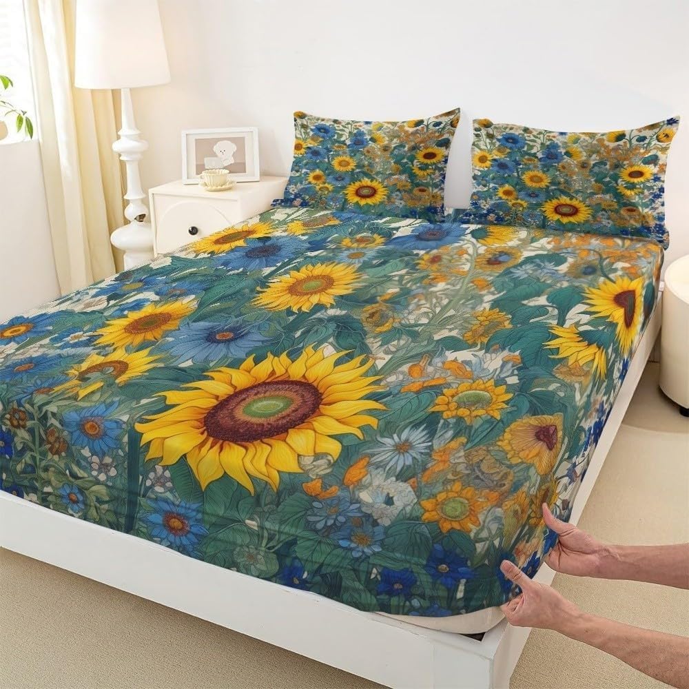 Sabana Bajera 180x200 Girasoles Sabanas Bajeras Estampadas Mariposas Sábana Bajera Ajustable Suaves, Elastico Funda Colchon con 2 Funda Almohada 50x80 cm, para Colchón de 30cm de Altura