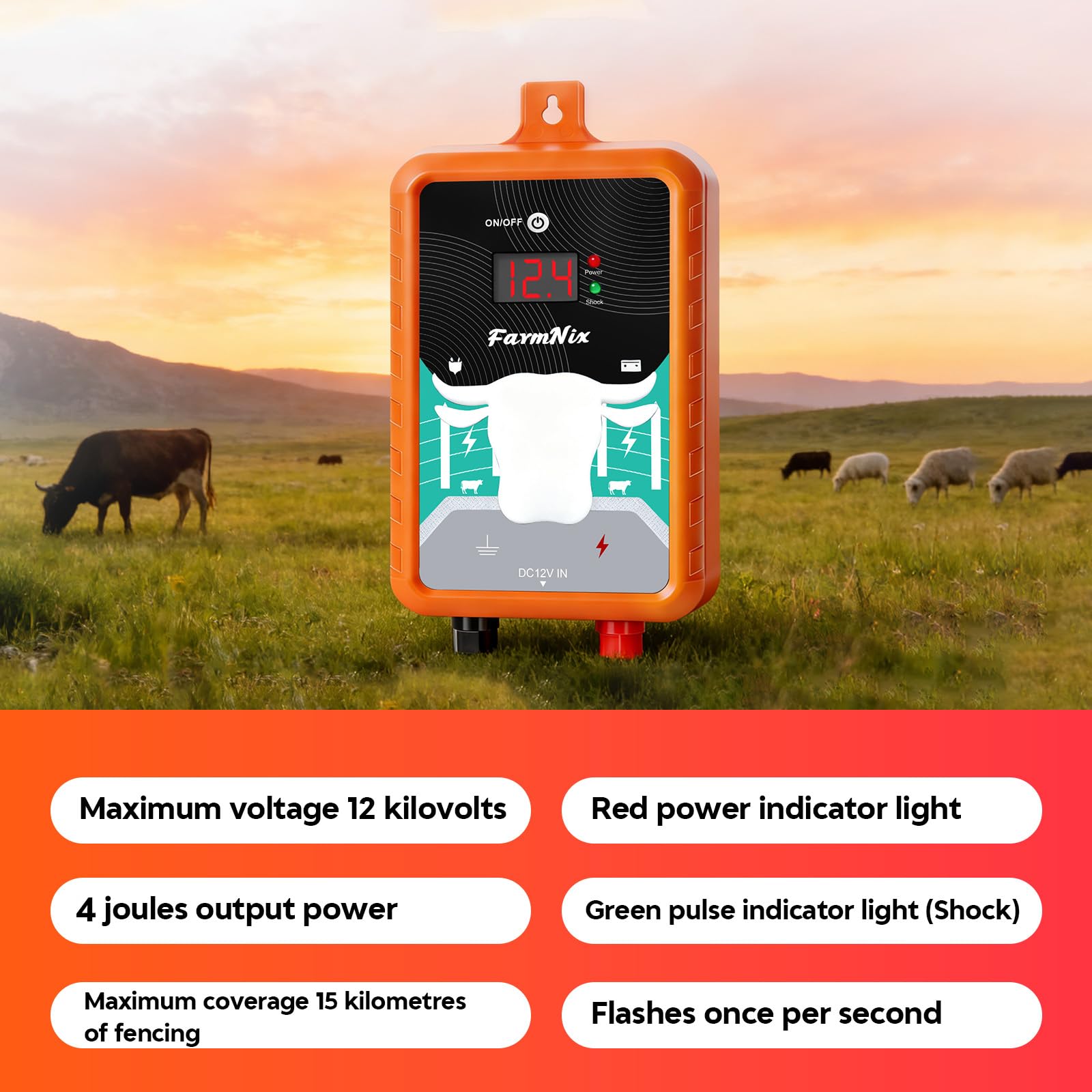 Electrificador de valla eléctrica de 4 julios, 24 km/15 millas, alimentación de energía/batería/solar – IP65 impermeable, impacto potente para la protección de los animales y disuasión de los grandes
