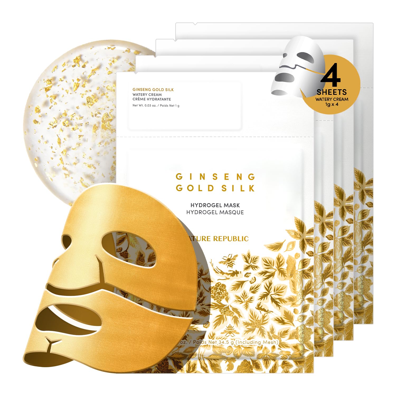 Nature Republic 2-Step Ginseng Gold Silk Hydrogel face Mask, Hydrating Overnight gold mask, Ginseng Niacinamide & Silk Amino Acid,Royal Jelly Extract, Korean Skin Care 34.5g x4ea