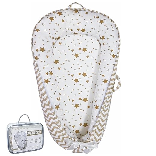 Aila+Aiden Baby Nest, Baby Lounger, Organic Cotton Lounger for Baby, Reversible Breathable Adjustable Portable - Star Collection (White/Tan)