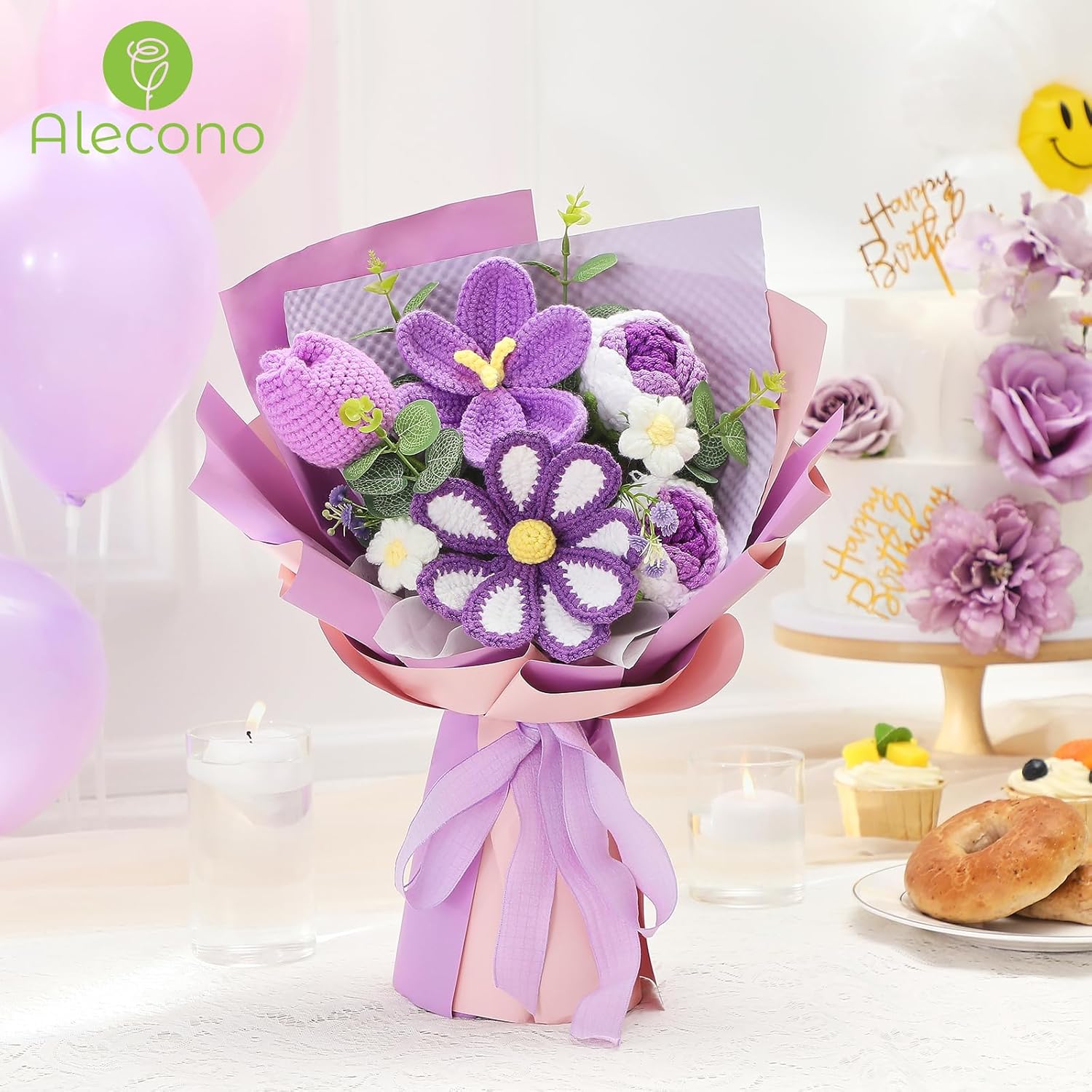 Alecono Crochet Flower Bouquet, Purple Knitted Flowers, Crochet Tulip Galsang Flower for Lover Anniversary Birthday Party Mother's Day Graduation Gifts (Include Card) - Image 6