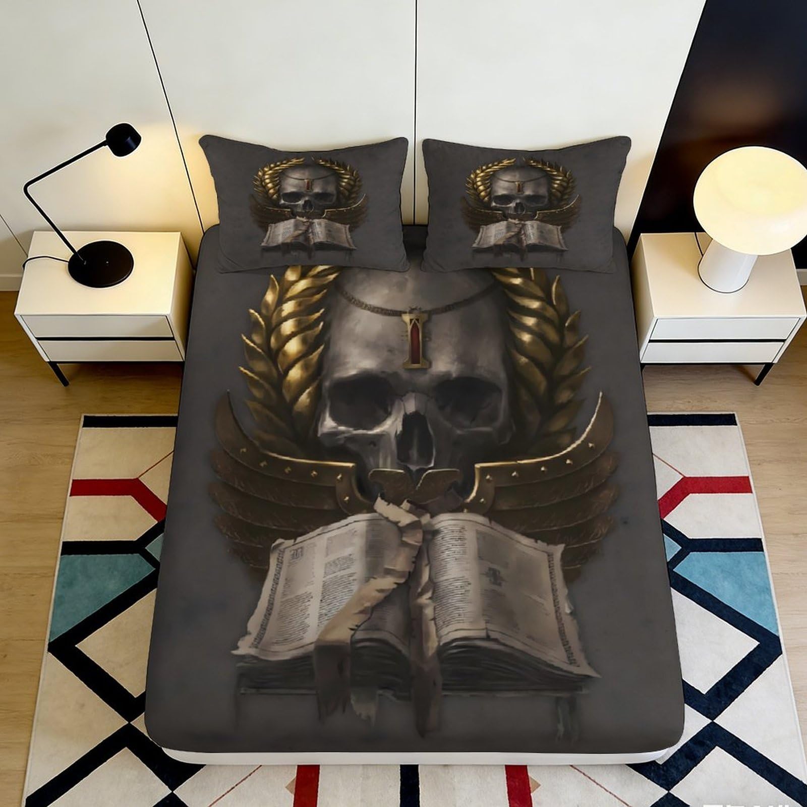 Decorative skull motif Fitted Sheet 3D Printed, Microfiber, soft touch, wrinkle resistant, guest room bedding, gothic bed cover 120x200x25cm