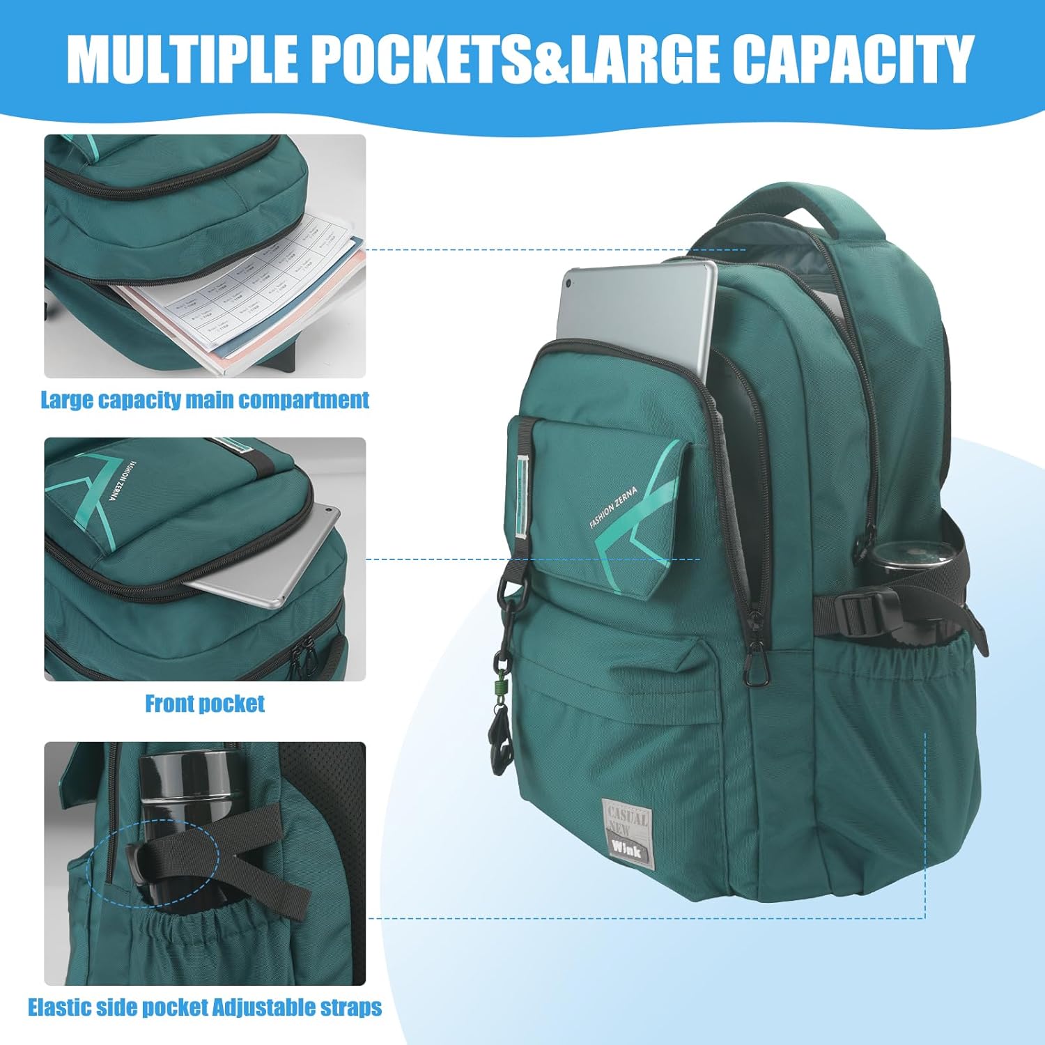 ZHIERNA School Backpack for Men, laptop backpack Elementary Middle High Bookbags for Teens Boys Waterproof Lightweight Casual Daypack(Dark Green) - Image 3