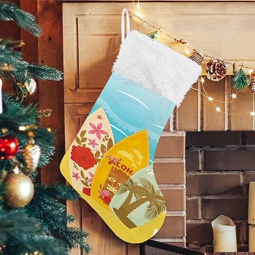 feprena Tiki Bar - Calcetines de Navidad con puño de felpa, tablas de surf hawaianas de playa, calcetín de Navidad de gran tamaño para fiesta de