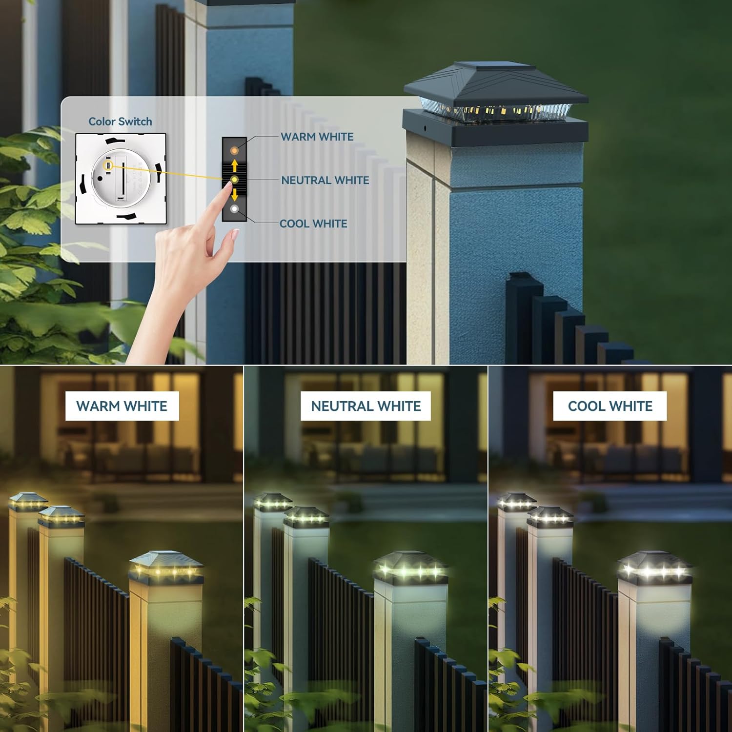 8 Pack Solar Post Cap Lights, 4x4 Fence Post Solar Lights, Waterproof Outdoor Post Lights for Garden Patio Porch, Warm/Neutral/Cool White Lighting, for Vinyl/Wooden Posts