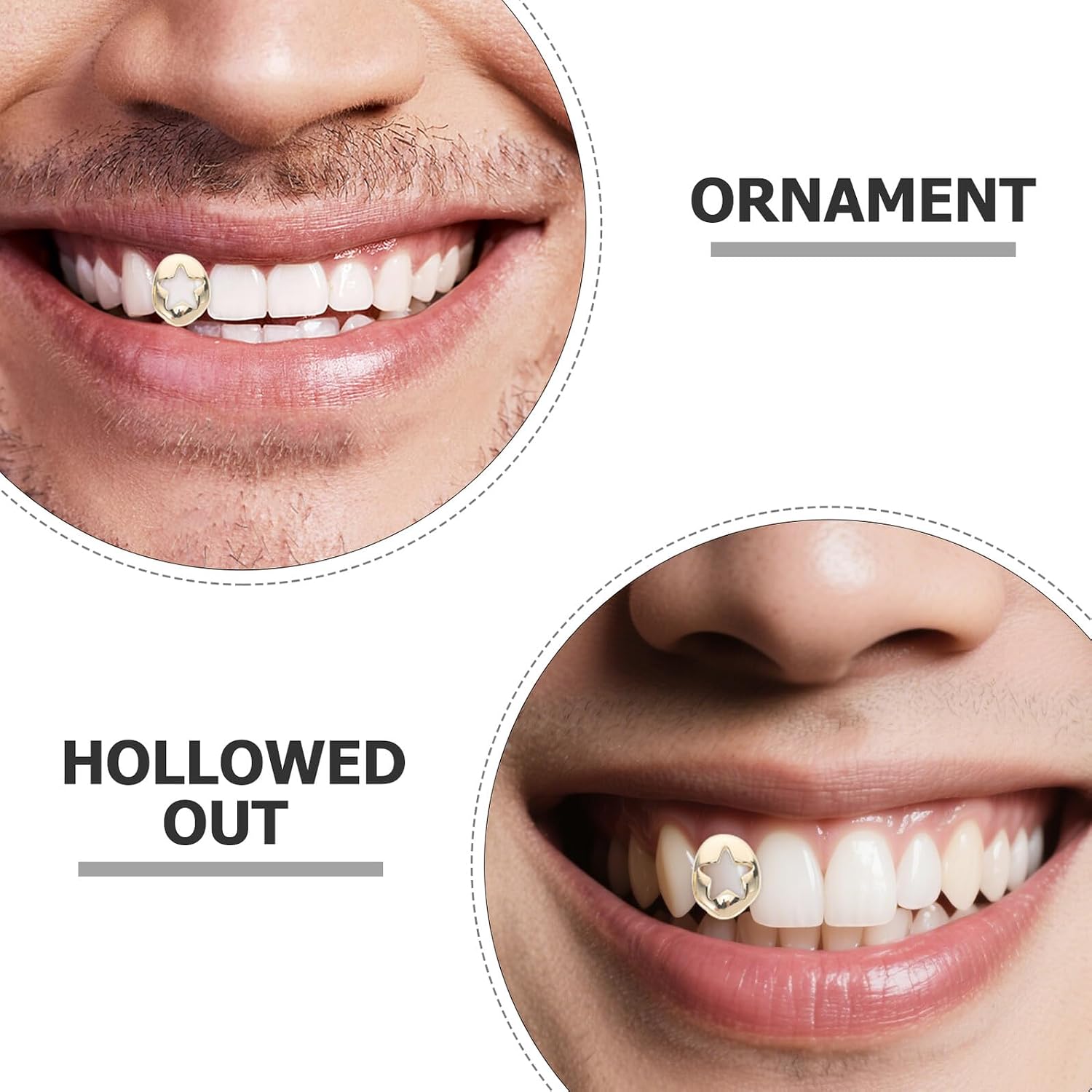 4pcs Hip Hop Gold Plated Hollow Rose Pattern Pentagram Teeth Grills Caps Halloween Costume Mouth Fake Tooth Grills for Men Rapper Accessories