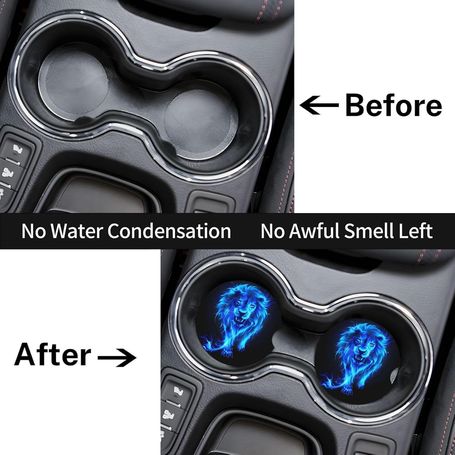 2 Pack Neon Blue Flame Lion Car Cup Holder Coasters, 2.56 Inch Anti Slip Ceramic Absorbent Coaster with Cork Base and Finger Notch Car Accessories Interior for Women & Men