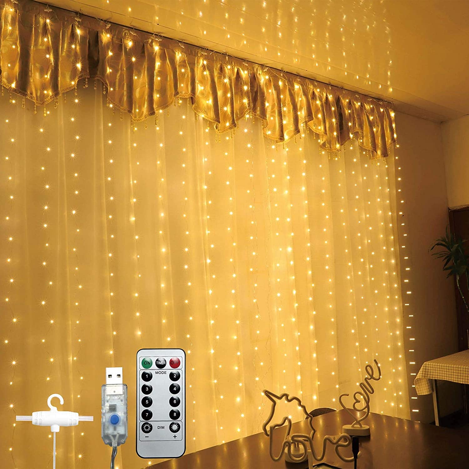 Photo 1 of 3 PACKS Fuurin Curtain Fairy Lights 300 LED Remote Control 8 Lighting Modes USB Powered Waterproof String Light for Indoor,Bedroom,Outdoor,Holiday,Christmas,Garden,Party Decoration,Warm White