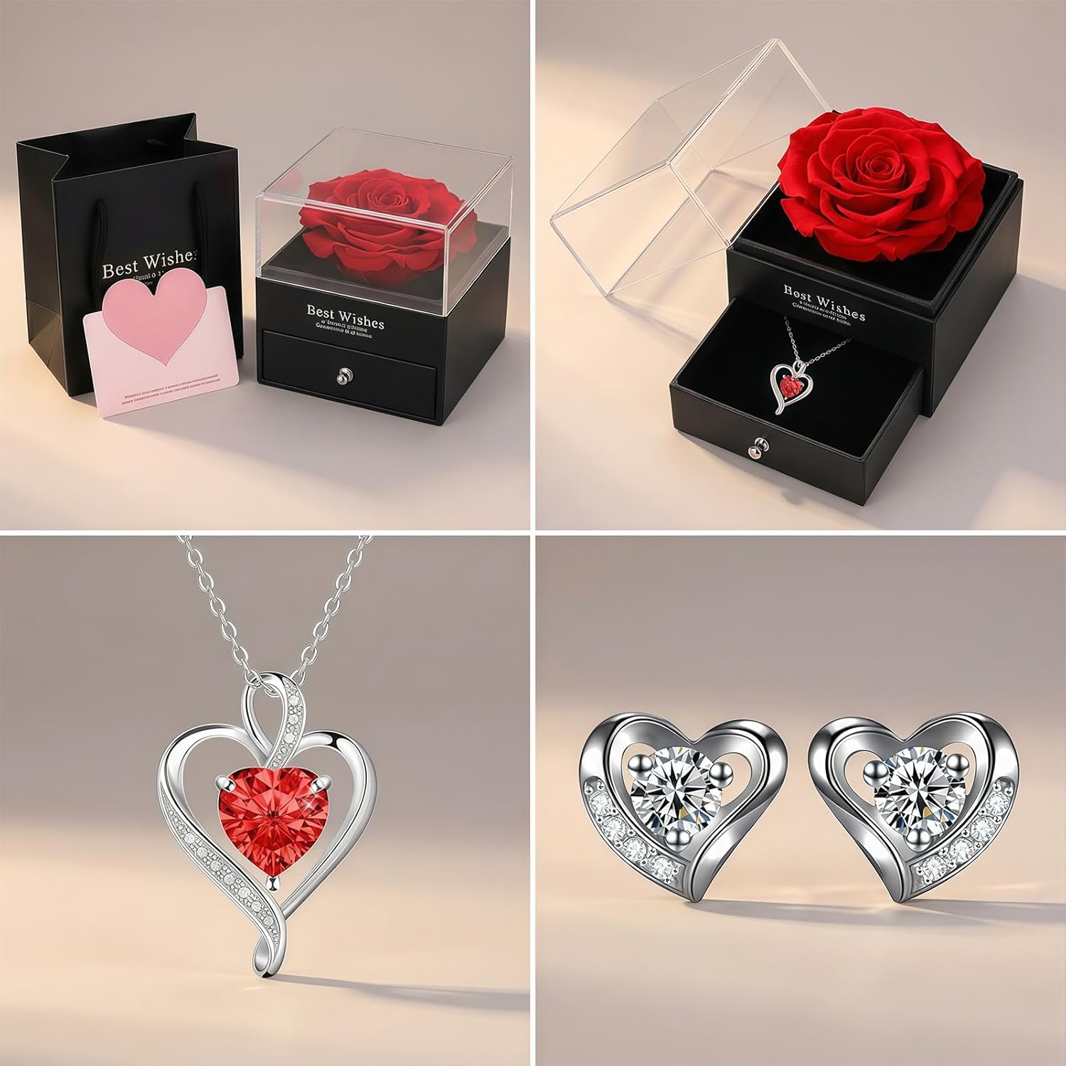 Eternal Rose Gift Box with Heart Necklace & Earrings - Real Preserved Flower Lasts 3-5 Years - Romantic Jewelry for Women Wife Mom - Valentine's Mother's Day Birthday Anniversary