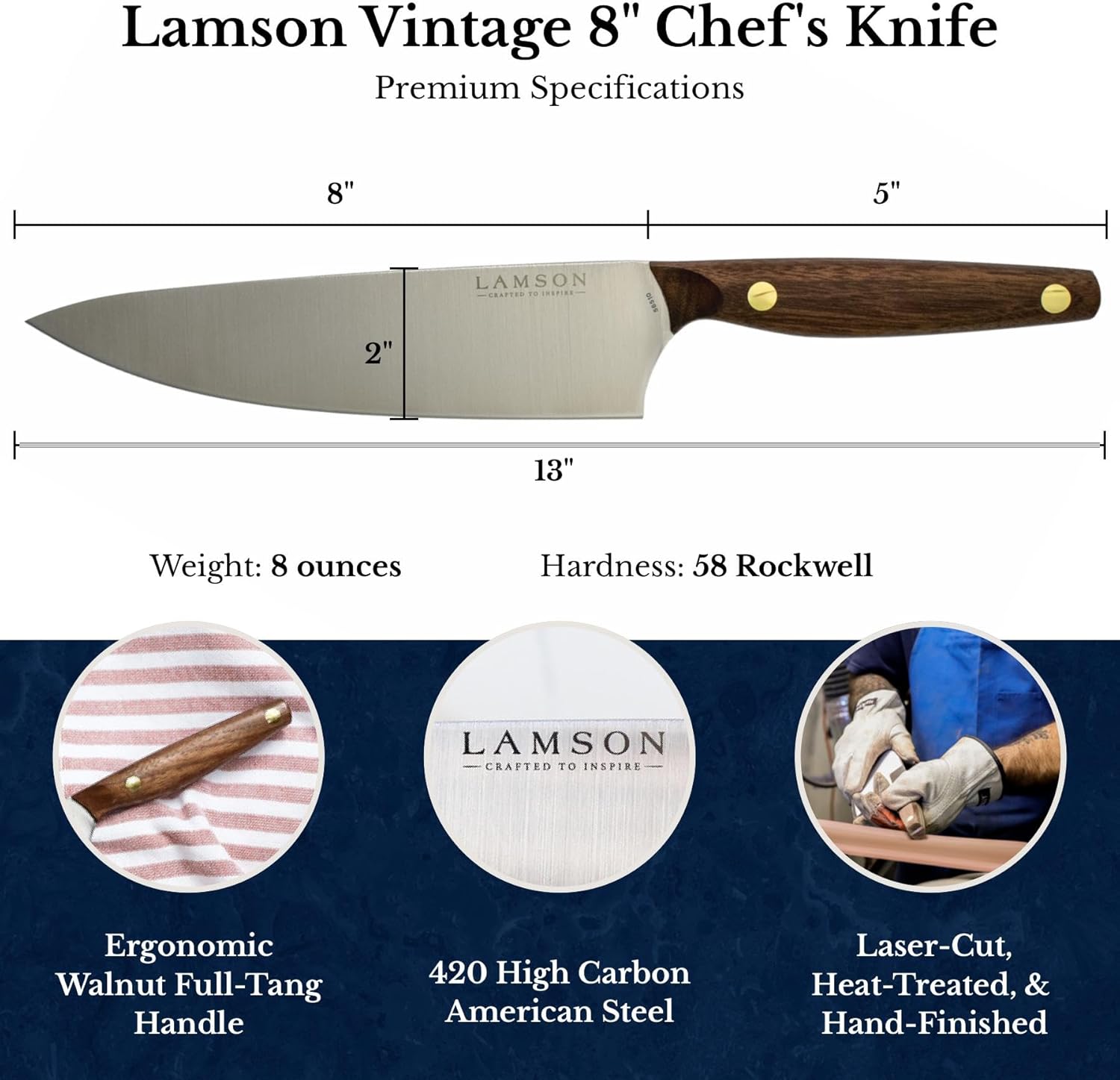 Lamson Vintage 8" Chef's Knife, Hi-Carbon Stainless Steel Blade, Double Riveted for Balance, Ideal for Dicing, Slicing & Chopping, Kitchen Knives - Walnut Handle
