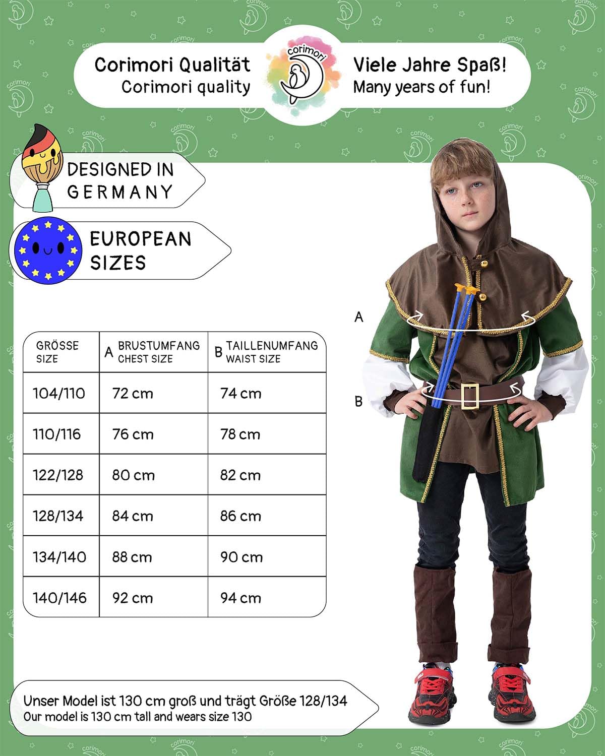 corimori Kinder Robin Hood Kostüm mit Pfeil und Bogen | Für Jungen & Mädchen | grün, braun