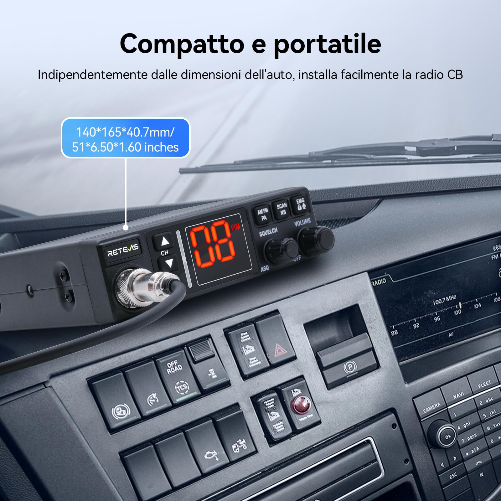 Retevis MB63A Radio CB, AM FM CB Auto con Antenna, Filtro Antirumore NB/ANL, 12V/24V con Accendino, Sistema PA, con Microfoni 6 Pin, 40 Canali, 4W, EMG CH9/19, per Camion Camper