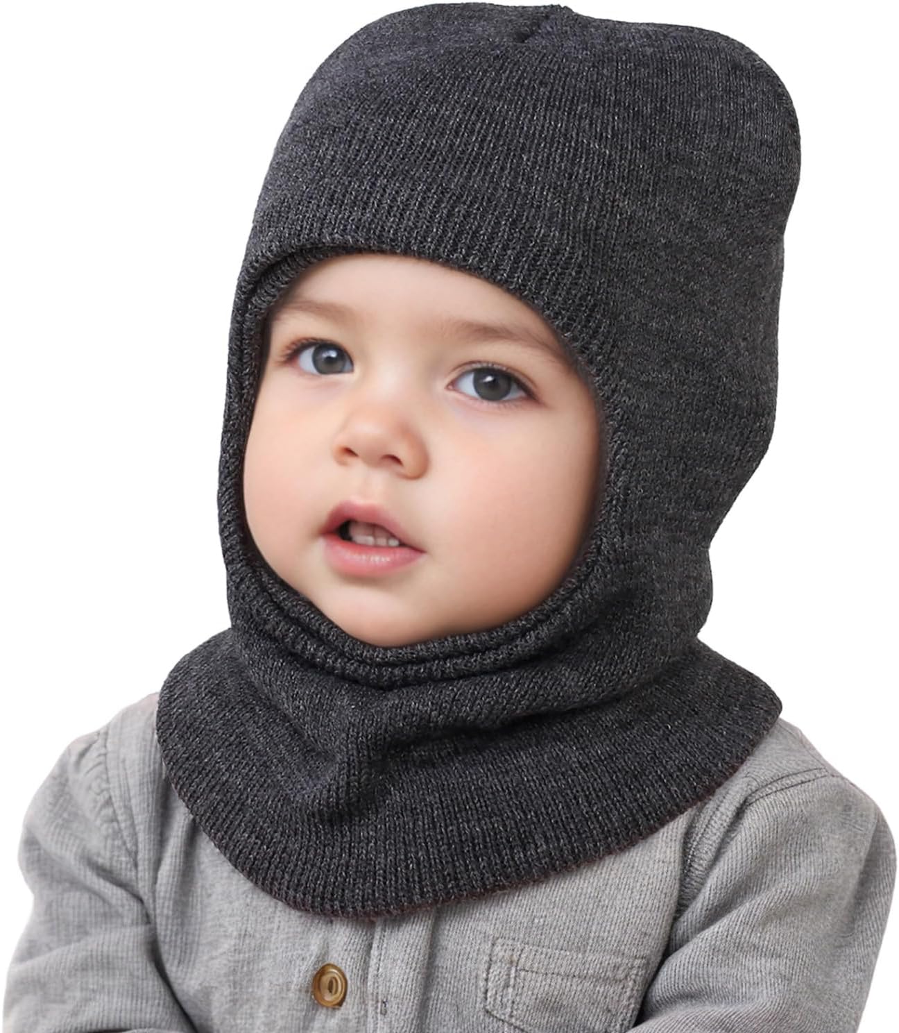 Kids Winter Knitted Hood Hat Warm Hat Scarf Earflap Set for 6 Months-8 Years Kids Balaclava Earflap Beanies Caps for Toddler Boys Girls Solid Color Thermal Hooded Scarf Set
