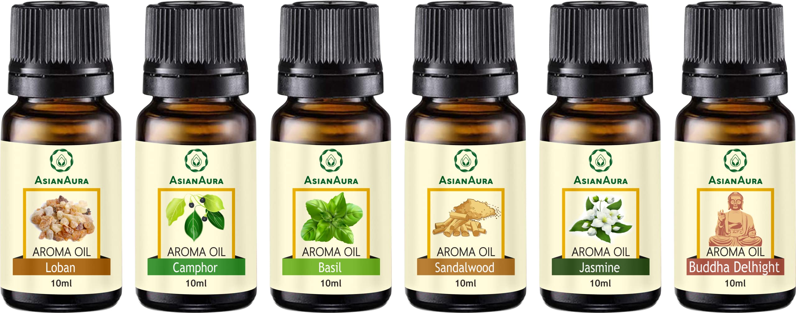 Asian Aura Diffuser Oil for Candle Burner & Electric Diffuser |Aromatherapy & Home Fragrance| Buddha Delight, Jasmine, Sandalwood, Basil, Camphor, & Loban 10ml Each (Pack of 6)| Meditation/Yoga/Spa