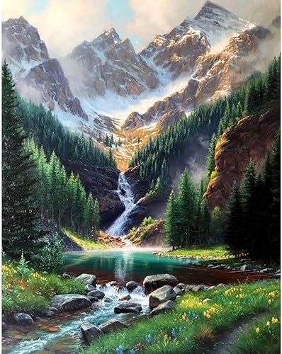 Pintura por números, cascada de montañas, pintura sobre lienzo, pintura con pinceles, pinturas acrílicas, perfecta para pintar por números para