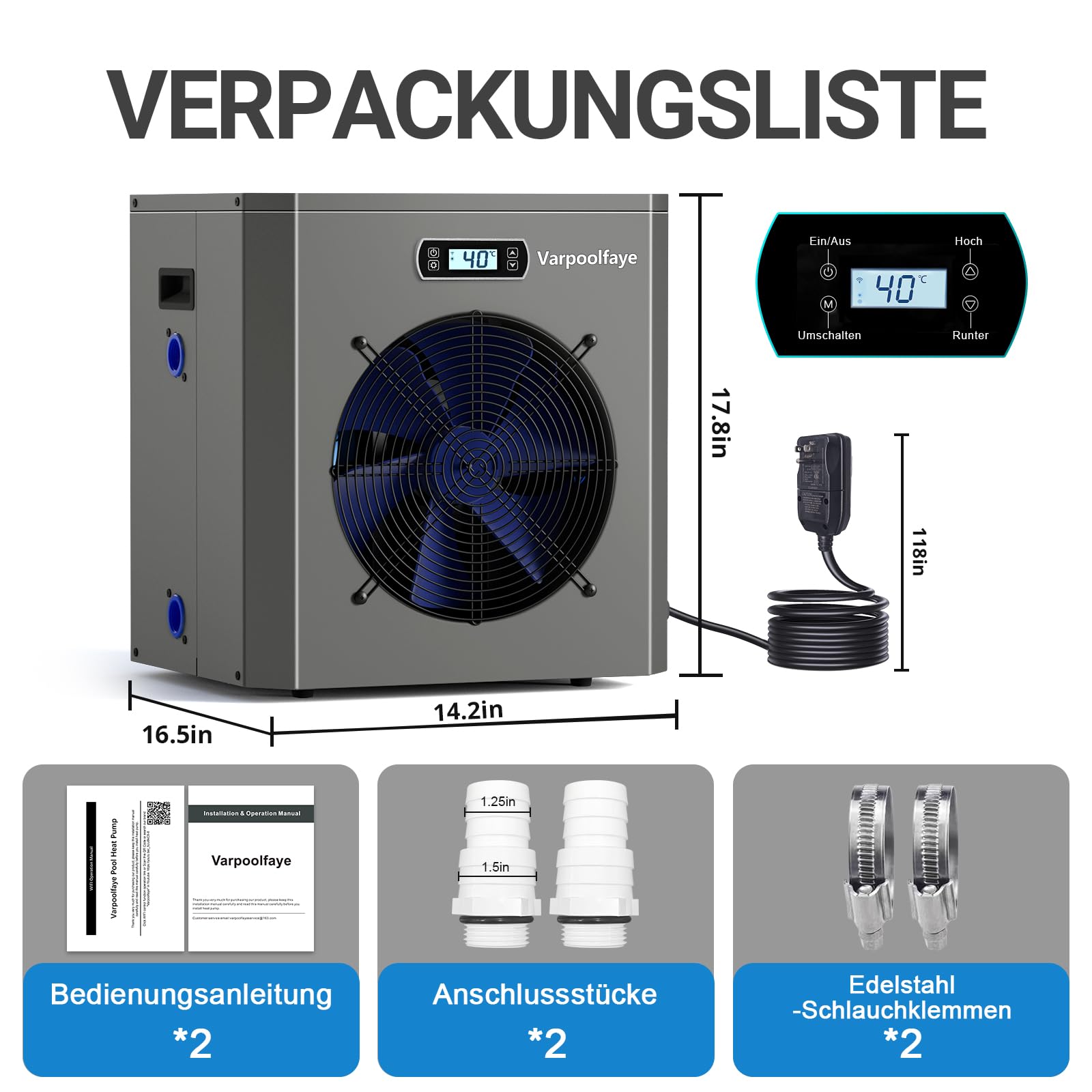 5KW Elektrische Pool Wärmepumpe Für Aufstellpool Poolheizung Wärmepumpe Schwimmbad Bis 20.000 l 20 m³ WiFi Steuerung 220v 240v 50Hz