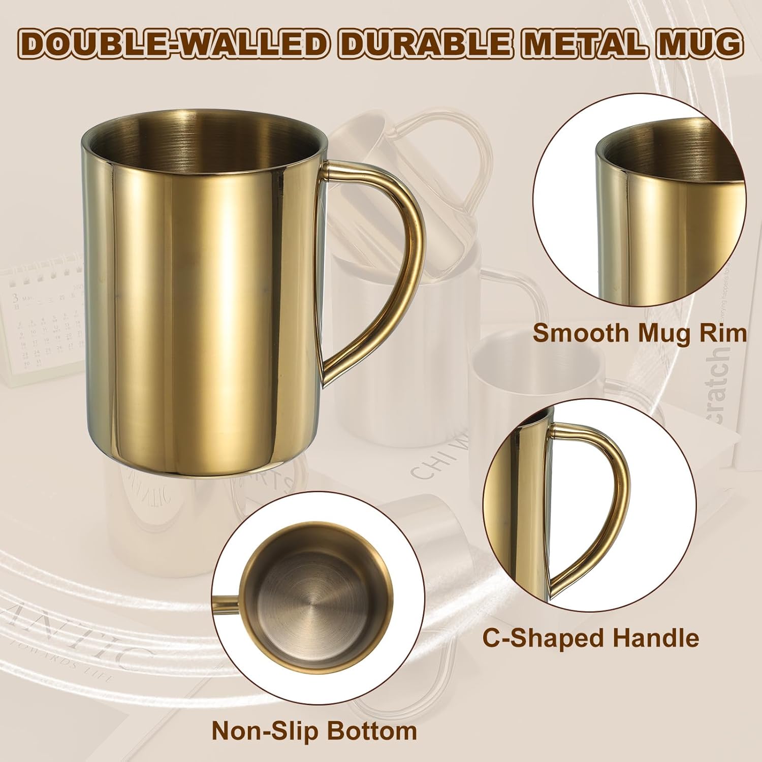 uxcell 2Pcs Stainless Steel Coffee Mugs, 14 Ounces Metal Double Walled Travel Camping Tea Coffee Mugs with Handles for Coffee, Milk, Juice, Tea, and Cold or Hot Drinks (Gold) - Image 3