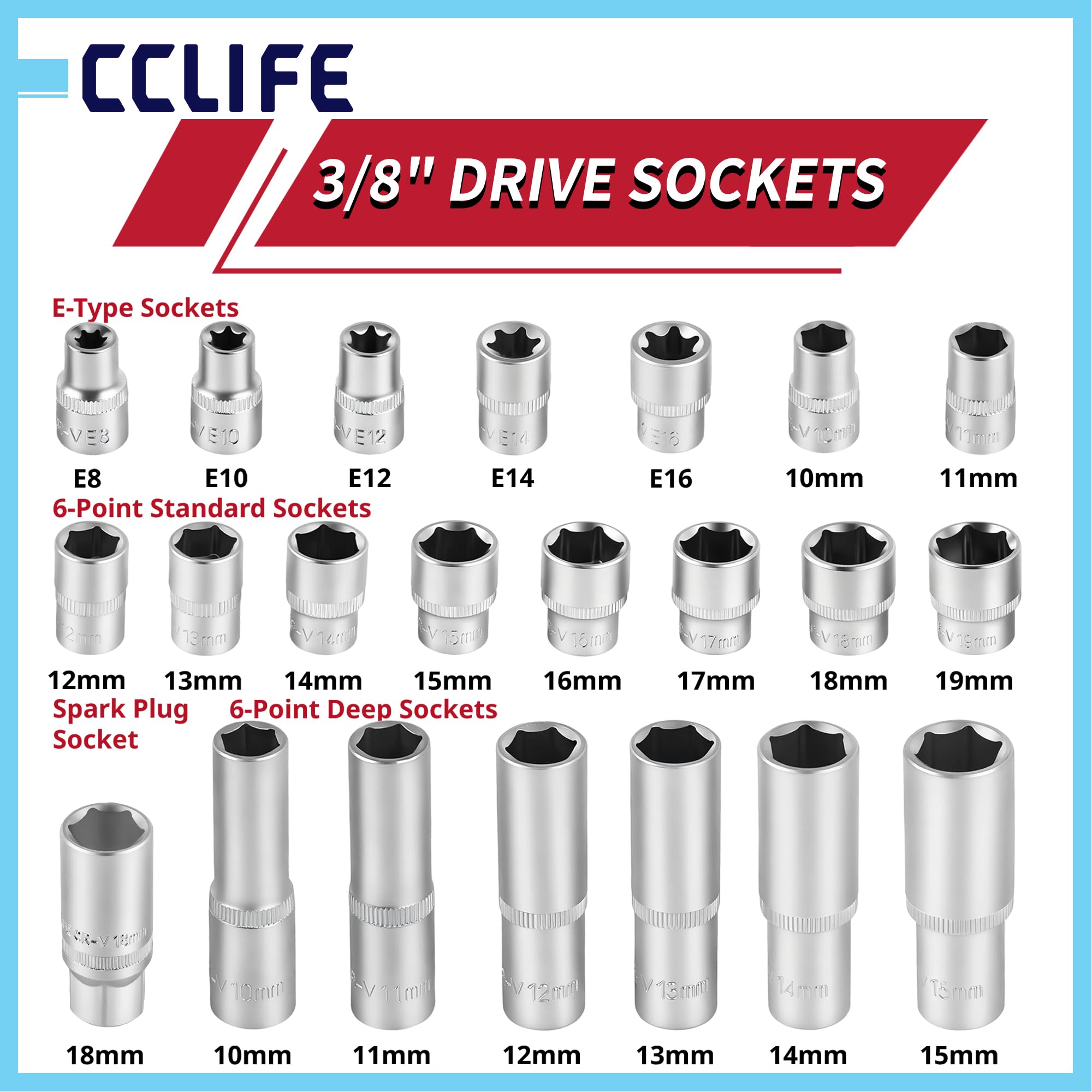 CCLIFE Set di chiavi a bussola, 219 pezzi, 1/4 3/8 1/2", set di attrezzi meccanici con cricchetto a 72 denti, acciaio al cromo vanadio, per riparazione fai da te