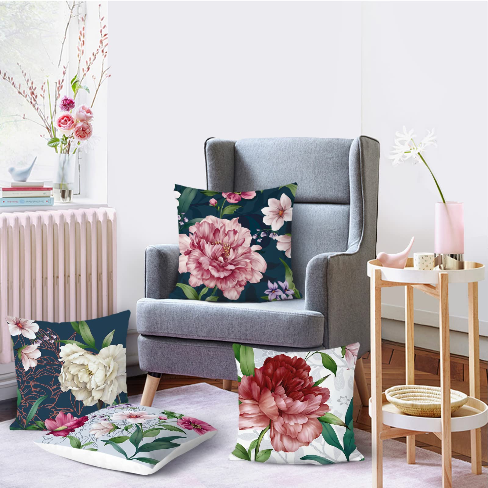 Bonhause 4er Set Kissenbezüge - 45x45 Cm, Samt Soft, Pfingstrosen-Design, Mit Reißverschluss