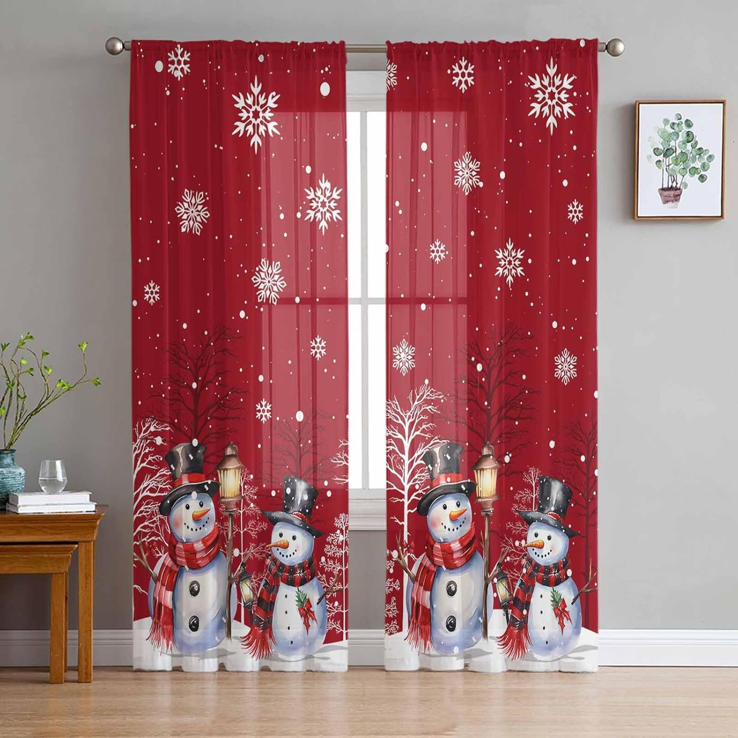 Red Christmas Sheer Curtains 72 Inch Length, Xmas Snowman
