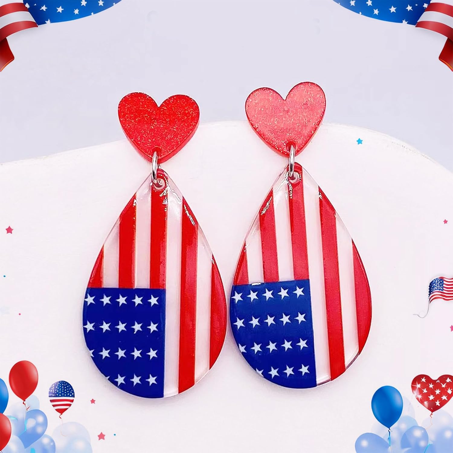 American Flag Clip on Earrings, Patriotic Red White Blue USA Earring, 4th of July Drop Dangle Earrings Independence Day Jewelry for Women - Image 6