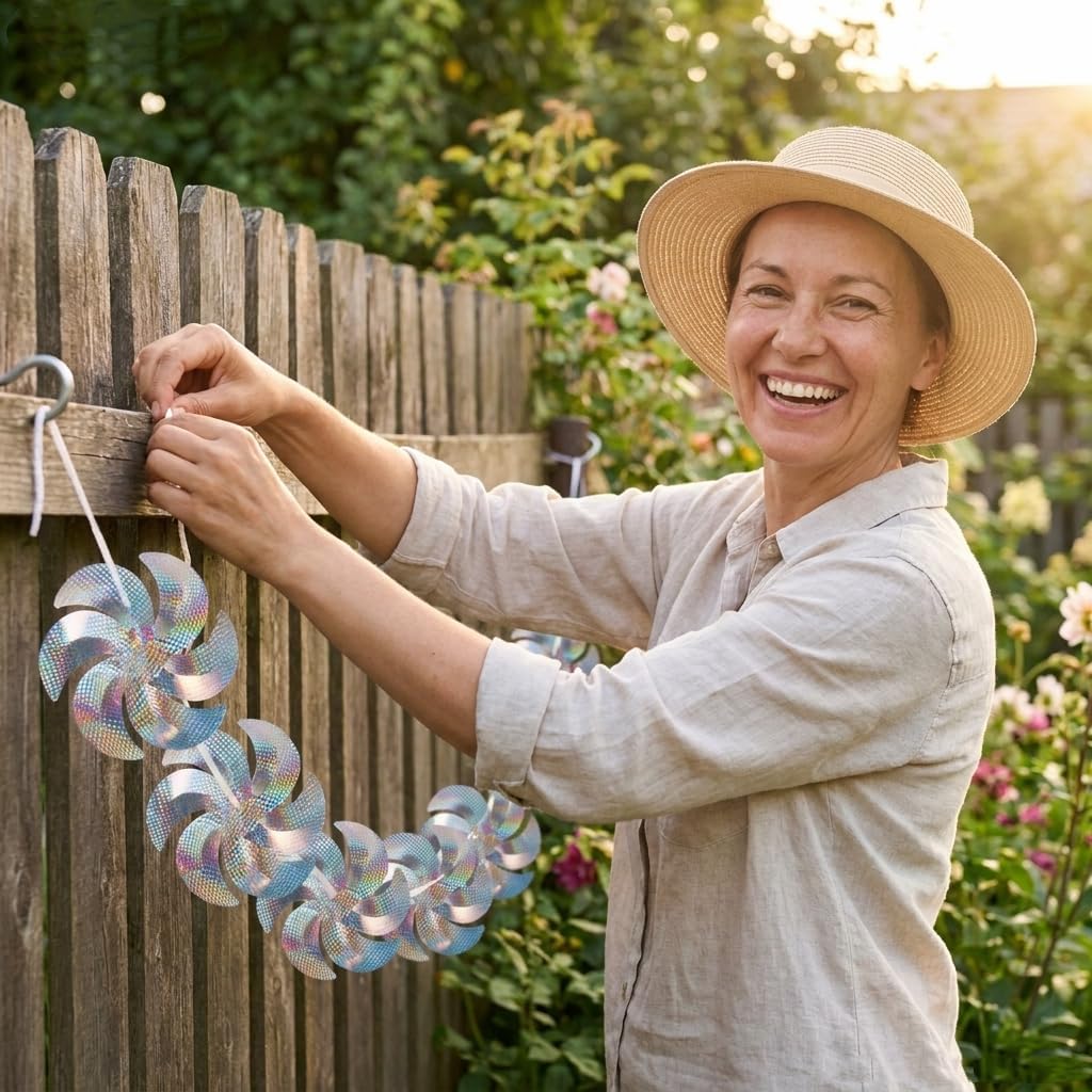 10 Meters of 8 Pieces Reflective Pinwheels Strings, Sparkly Hanging Scare Bird Deterrent Windmills, Outside Bird Repellent Wind Spinners Deterrent Birds Away from Yard Garden Patio Farm